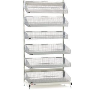 A tall, silver Metro QB136-S6 qwikSIGHT Shelving Unit, 36 L, comes with adjustable shelves for storage or display. Featuring seven angled wire mesh baskets and a sturdy frame on adjustable feet.
