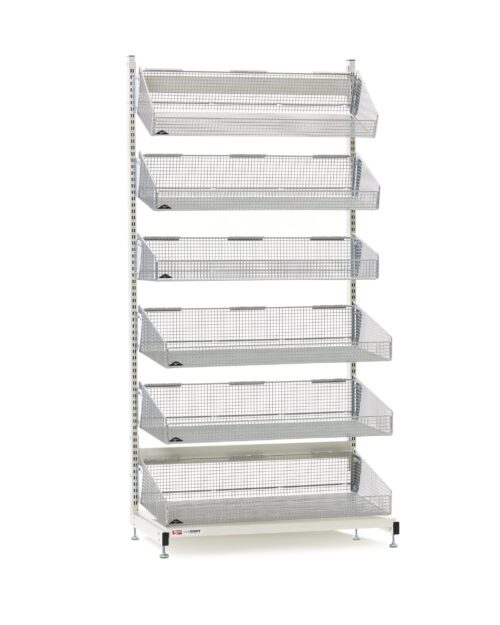 A tall, silver Metro QB136-S6 qwikSIGHT Shelving Unit, 36 L, comes with adjustable shelves for storage or display. Featuring seven angled wire mesh baskets and a sturdy frame on adjustable feet.
