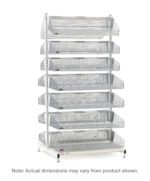 The Metro QB218-S14 qwikSIGHT Shelving Unit, 18 L, double-sided with 14 angled wire mesh bins for easy access, has a white base and adjustable feet. Note: Actual dimensions may vary from the product shown.