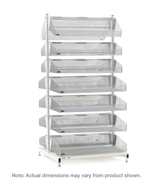 The Metro QB218-S14 qwikSIGHT Shelving Unit, 18 L, double-sided with 14 angled wire mesh bins for easy access, has a white base and adjustable feet. Note: Actual dimensions may vary from the product shown.