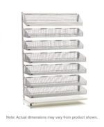 The white metal display rack, with six forward-tilted mesh shelves stacked vertically, includes a note mentioning potential size variances. Its similar to the Metro QB118-S7A qwikSIGHT Stationary Single-Sided 7-Basket Shelving Add-On Unit, 18 L.