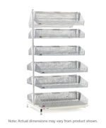 The Metro QB248-S12A qwikSIGHT Double-Sided Shelving Add-On Unit, 48 L, has six tiers with metal mesh and rectangular baskets on each level supported by a vertical white frame; dimensions might vary. It is shown isolated on a white background.