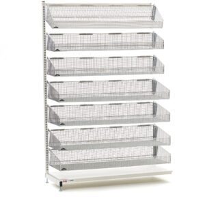 The Metro QB136-S7A qwikSIGHT Stationary Single-Sided 7-Basket Shelving Add-On Unit, 36 L is a tall metal retail unit with six adjustable, angled mesh shelves in a perforated design. The white base notes: Actual dimensions may vary from product shown.