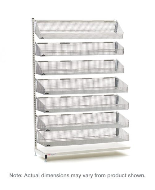 gzzx3iqzhexgnlm0dysglqqtnyf0gubp.jpg The Metro QB136-S7A qwikSIGHT Stationary Single-Sided 7-Basket Shelving Add-On Unit, 36 L is a tall metal retail unit with six adjustable, angled mesh shelves in a perforated design. The white base notes: Actual dimensions may vary from product shown.
