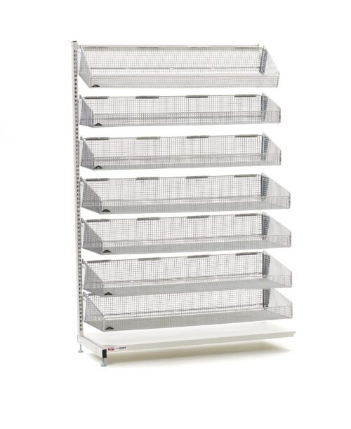 h1clkff757778gn7rkn5snvugdoy2se7.jpg The Metro QB148-S7A 48 L qwikSIGHT Single-Sided 7-Basket Shelving Add-On Unit stands tall with its minimalist design, featuring seven metal mesh shelves. This white display rack provides a sturdy base and an elegant look against a plain white background.