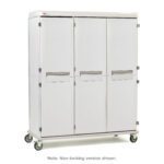 The Metro SXRT76MXD6 Starsys XD Extra Deep Mobile Supply Cabinet, Triple Wide, features a spacious white design with solid doors and sleek metal handles. Equipped with four wheels and code locking, this large cabinet is ideal for flexible storage.