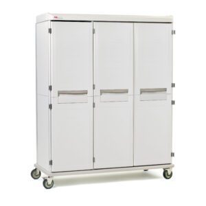 The Metro SXRT76MXD4 Starsys XD Extra Deep Mobile Supply Cabinet is a spacious, white triple-wide unit on wheels with metal handles and solid, non-locking doors, featuring a sleek modern design ideal for easy-access storage.