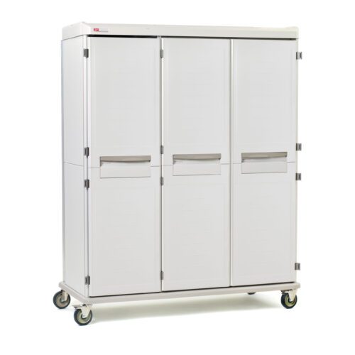 The Metro SXRT76MXD4 Starsys XD Extra Deep Mobile Supply Cabinet is a spacious, white triple-wide unit on wheels with metal handles and solid, non-locking doors, featuring a sleek modern design ideal for easy-access storage.