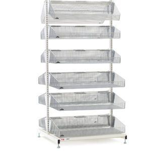 The Metro QB236-S12 qwikSIGHT 36 L shelving unit features a tall, free-standing white metal frame with seven vertically stacked mesh baskets set against a plain white background.