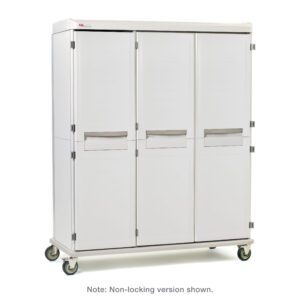 The Metro SXRT76MXD5 Starsys XD Extra Deep Mobile Supply Cabinet is a triple-wide design with white solid doors and horizontal handles. This version features key locking, smooth three-door surface, and wheels for seamless mobility.