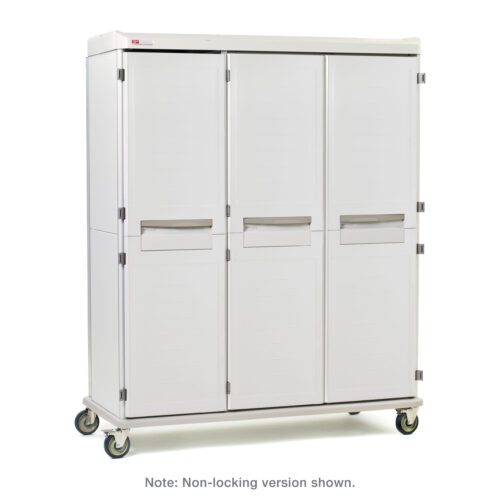 The Metro SXRT76MXD5 Starsys XD Extra Deep Mobile Supply Cabinet is a triple-wide design with white solid doors and horizontal handles. This version features key locking, smooth three-door surface, and wheels for seamless mobility.