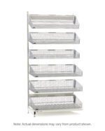 The Metro QB118-S6A qwikSIGHT features an 18 L single-sided shelving unit with 6 vertical wire mesh baskets in white, supported by a sturdy metal frame and adjustable feet.