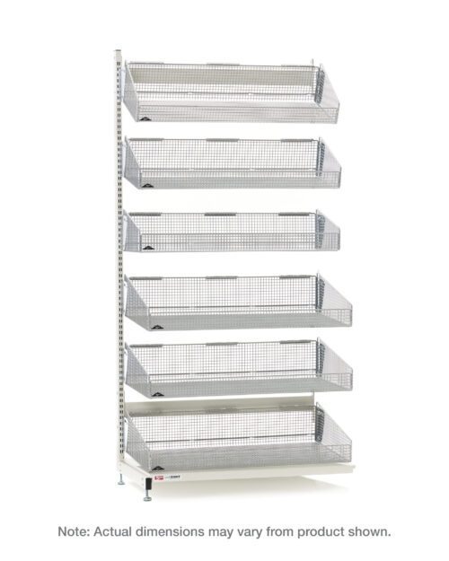 p2j6sqxfmuie18ppx8ilv49ah4n0sc4g.jpg The Metro QB118-S6A qwikSIGHT features an 18 L single-sided shelving unit with 6 vertical wire mesh baskets in white, supported by a sturdy metal frame and adjustable feet.