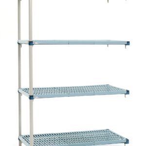The MetroMax Q MQ-183074G-A-4 4-Shelf Shelving Add-On Unit features an 18 x 30 x 74 design with gray perforated shelves and silver supports on a white background. Actual dimensions may vary.
