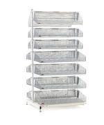 A tall, freestanding metal rack with seven wire mesh baskets on one side resembles the Metro QB236-S14A qwikSIGHT Double-Sided Shelving Unit. With a white base and adjustable feet, it stands elegantly against a plain white background.