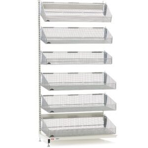The Metro QB148-S6A qwikSIGHT Stationary Single-Sided 6-Basket Shelving Add-On Unit features six vertically arranged wire mesh baskets that open at the top for easy organization. Note: Dimensions may vary from those shown. Sturdy adjustable legs offer support.