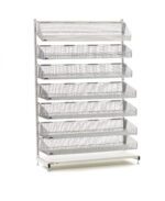 The Metro QB148-S7 qwikSIGHT 7-Basket Shelving Unit is a tall, white unit with eight angled mesh shelves, perfect for storage or display. Its minimalist design includes adjustable feet and measures 48 L for versatile placement.