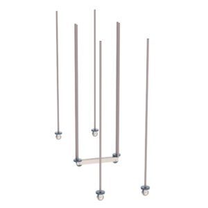 The Metro LBTM24K4 qwikTRAK Mobile Unit Kit features six vertical rods in Metroseal Gray Epoxy. Each is attached to a small round base, connected by a horizontal bar at the midpoint, forming a floating framework against a plain white background.