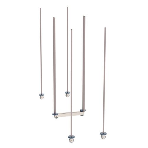 The Metro LBTM24K4 qwikTRAK Mobile Unit Kit features six vertical rods in Metroseal Gray Epoxy. Each is attached to a small round base, connected by a horizontal bar at the midpoint, forming a floating framework against a plain white background.