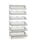 The Metro QB136-S6A qwikSIGHT Shelving Unit features a minimalist industrial design with adjustable legs and a left perforated column. At 36 long, it includes vertically stacked wire mesh baskets for customizable storage.