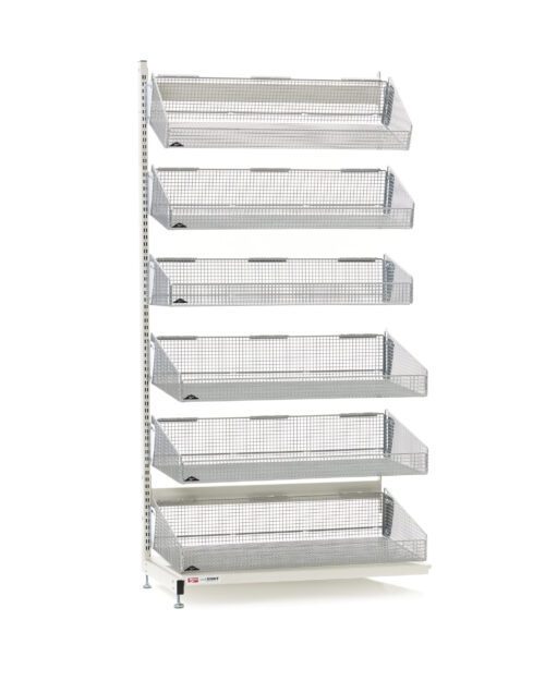 The Metro QB136-S6A qwikSIGHT Shelving Unit features a minimalist industrial design with adjustable legs and a left perforated column. At 36 long, it includes vertically stacked wire mesh baskets for customizable storage.