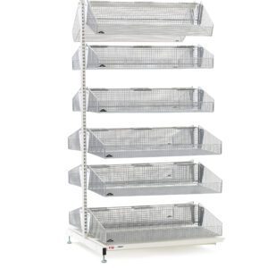 Discover the Metro QB218-S12A qwikSIGHT Shelving Add-On Unit, featuring six tiers of 12 wire baskets in a double-sided grid design. With an 18 L configuration, it includes a central vertical pole on a rectangular base with adjustable feet. Dimensions may vary.