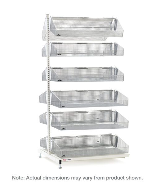 Discover the Metro QB218-S12A qwikSIGHT Shelving Add-On Unit, featuring six tiers of 12 wire baskets in a double-sided grid design. With an 18 L configuration, it includes a central vertical pole on a rectangular base with adjustable feet. Dimensions may vary.
