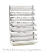 The Metro QB136-S7 qwikSIGHT unit is a tall, white metal display shelf with seven mesh wire baskets arranged vertically. Shelves are evenly spaced for storage or display and measure 36 L. Dimensions may vary from the product shown.