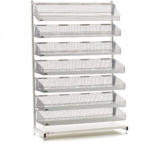The Metro QB136-S7 qwikSIGHT unit is a tall, white metal display shelf with seven mesh wire baskets arranged vertically. Shelves are evenly spaced for storage or display and measure 36 L. Dimensions may vary from the product shown.