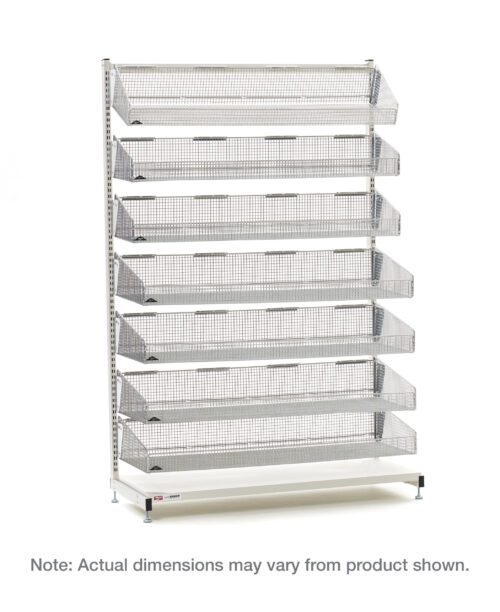 y5wp3opgs0i2f324xvfh2pxqgqk4pcbd.jpg The Metro QB118-S7 qwikSIGHT is an 18 L stationary single-sided shelving unit with a tall white metal frame and seven vertically stacked wire mesh baskets. Note: Actual dimensions may vary from product shown.