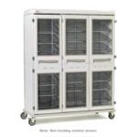 Metro SXRT76MXD3 Starsys XD Extra Deep Mobile Supply Cabinet, featuring triple-wide design, multiple adjustable wire shelves, clear doors, and four wheels. Note: this version includes a code lock.