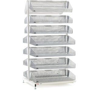 The product resembles a tall, freestanding metal shelving unit with seven vertically stacked mesh baskets and an adjustable framework with small wheels, similar to the Metro QB248-S14A qwikSIGHT Stationary Double-Sided 14-Basket Shelving Add-On Unit. Actual dimensions may vary.