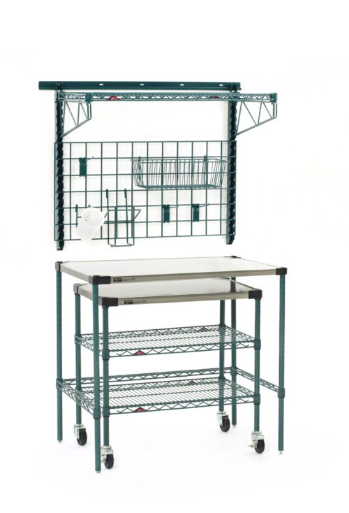 The Metro SMSPM2436 SmartWall/Super Erecta Prep Station with Undercounter Mobile Prep Cart offers convenience and efficiency, featuring three wire shelves, a tabletop, a top metal grid for organization, and four wheels for easy mobility.