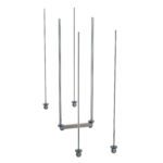 This minimalist ceiling mobile, crafted with five chrome rods of varying heights and anchored by small weights, features a staggered arrangement that evokes the modern design aesthetic of the Metro LBTM24C qwikTRAK Double Deep Mobile Unit Kit for 24 Wide Super Erecta Wire Shelving in Chrome.