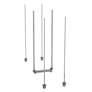 This minimalist ceiling mobile, crafted with five chrome rods of varying heights and anchored by small weights, features a staggered arrangement that evokes the modern design aesthetic of the Metro LBTM24C qwikTRAK Double Deep Mobile Unit Kit for 24 Wide Super Erecta Wire Shelving in Chrome.