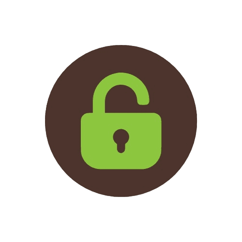 A green unlocked padlock icon centered on a dark circular background.