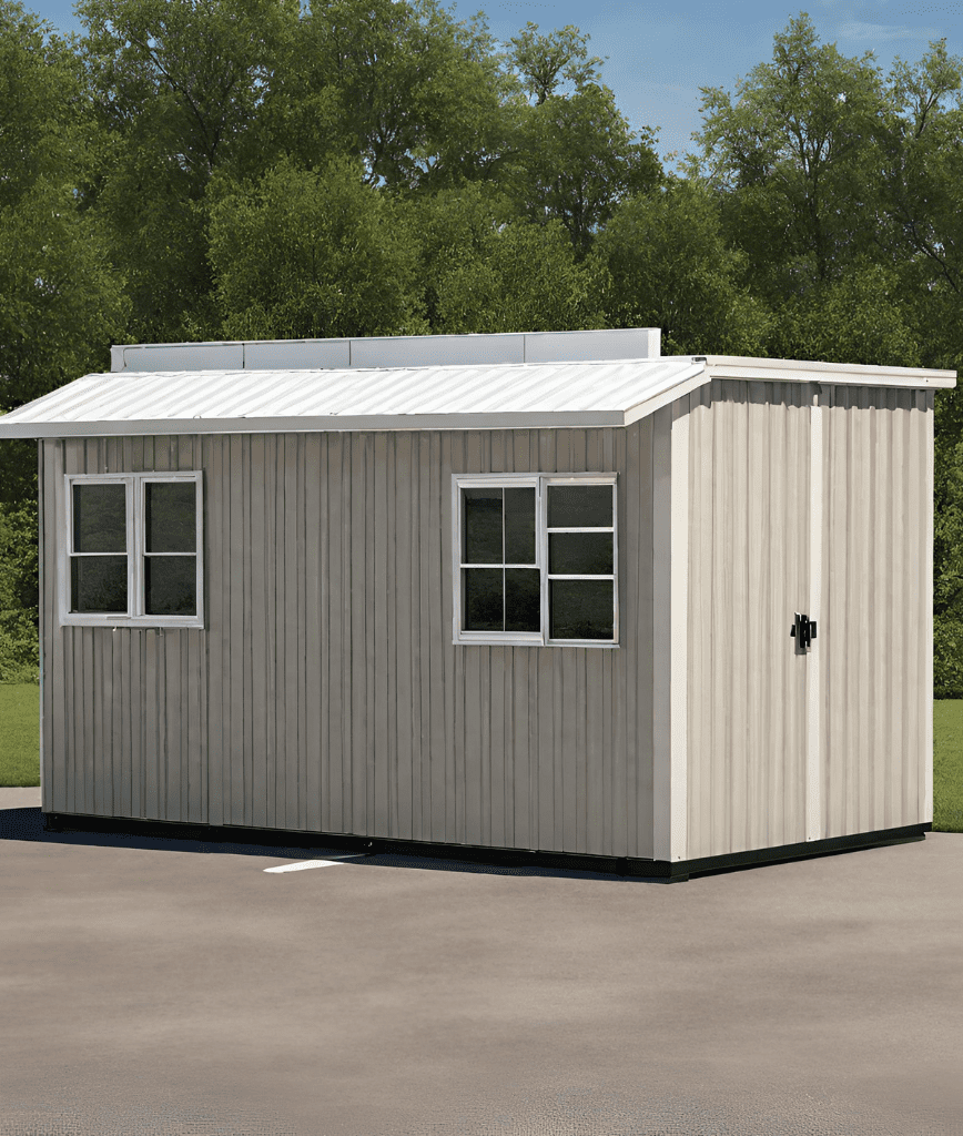 Small, beige, wooden shed with two windows and a white roof on a paved surface. Surrounded by green trees under a blue sky.