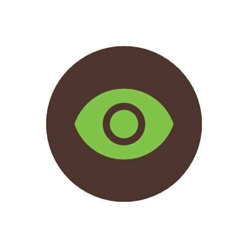 A green eye icon centered on a dark brown circular background.