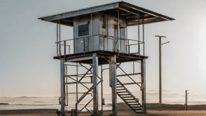 A modern, metal lifeguard tower stands on a beach. It has a staircase leading up to a small enclosed cabin, supported by sturdy steel beams. The background features a misty horizon over the ocean, with soft light illuminating the scene.