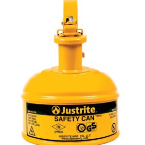 A yellow 1 Pt Justrite Type I safety can features a handle and spout, with FM, TUV, and GS approval labels. Visit the brands website for more information.