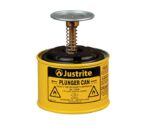 The Justrite Steel Plunger Can, 1 Pt, Yellow, features a spring-loaded lid and safety warnings for safe dispensing of flammable liquids. The label says Justrite Plunger Can along with caution symbols.