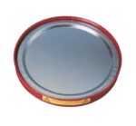 The Justrite Tray, Spill, Stl, 1 Qt Capacity is a round red metal tray with a fine mesh surface and warning label, expertly designed for industrial or lab safety to manage spills effectively.