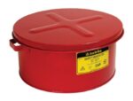 The Justrite Can, Bench, Steel, 3G, Red features a flat lid with an X-shaped indentation, a side handle, and a yellow label with 3G-approved safety info and flammable warning symbols.
