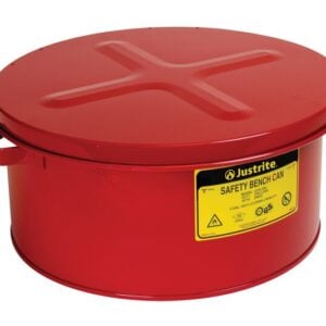 The Justrite Can, Bench, Steel, 3G, Red features a flat lid with an X-shaped indentation, a side handle, and a yellow label with 3G-approved safety info and flammable warning symbols.