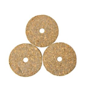 Three speckled coir disks resembling Justrite Gasket fittings are stacked in a triangle with a central hole, set elegantly against a stark white background.