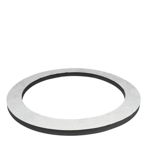 The Justrite Gasket, Drum Cover is a simple flat circular ring with a wide silver or gray edge and a dark center, shown lying flat on a plain white background.