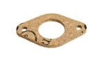 The Justrite Gasket for Hose is an oval cork gasket with a central circular hole and two smaller holes. It features black printed markings on a light brown surface, making it perfect for machinery or engine parts.