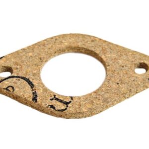 The Justrite Gasket for Hose is an oval cork gasket with a central circular hole and two smaller holes. It features black printed markings on a light brown surface, making it perfect for machinery or engine parts.