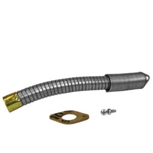On a plain white background lies the Justrite Hose Sft Can, Flx 1Od Type 2 metallic gas connector, complete with a brass fitting, gasket, and two screws.