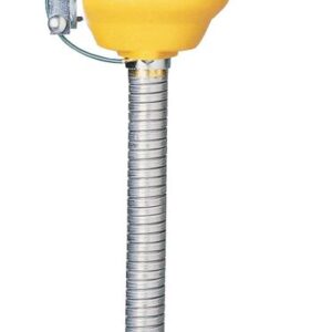 A yellow telescopic watering tube, similar to the Justrite Funnel W/Hse F/Steel Cans 1Od, has a metal attachment at the top and a corrugated metal section that extends downward, ideal for filling small or narrow spaces with water.